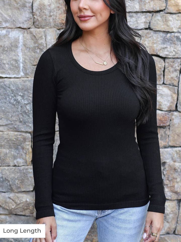 Long Length Scoop Neck Long Sleeve Brami in Black for wholesale by Grace and Lace