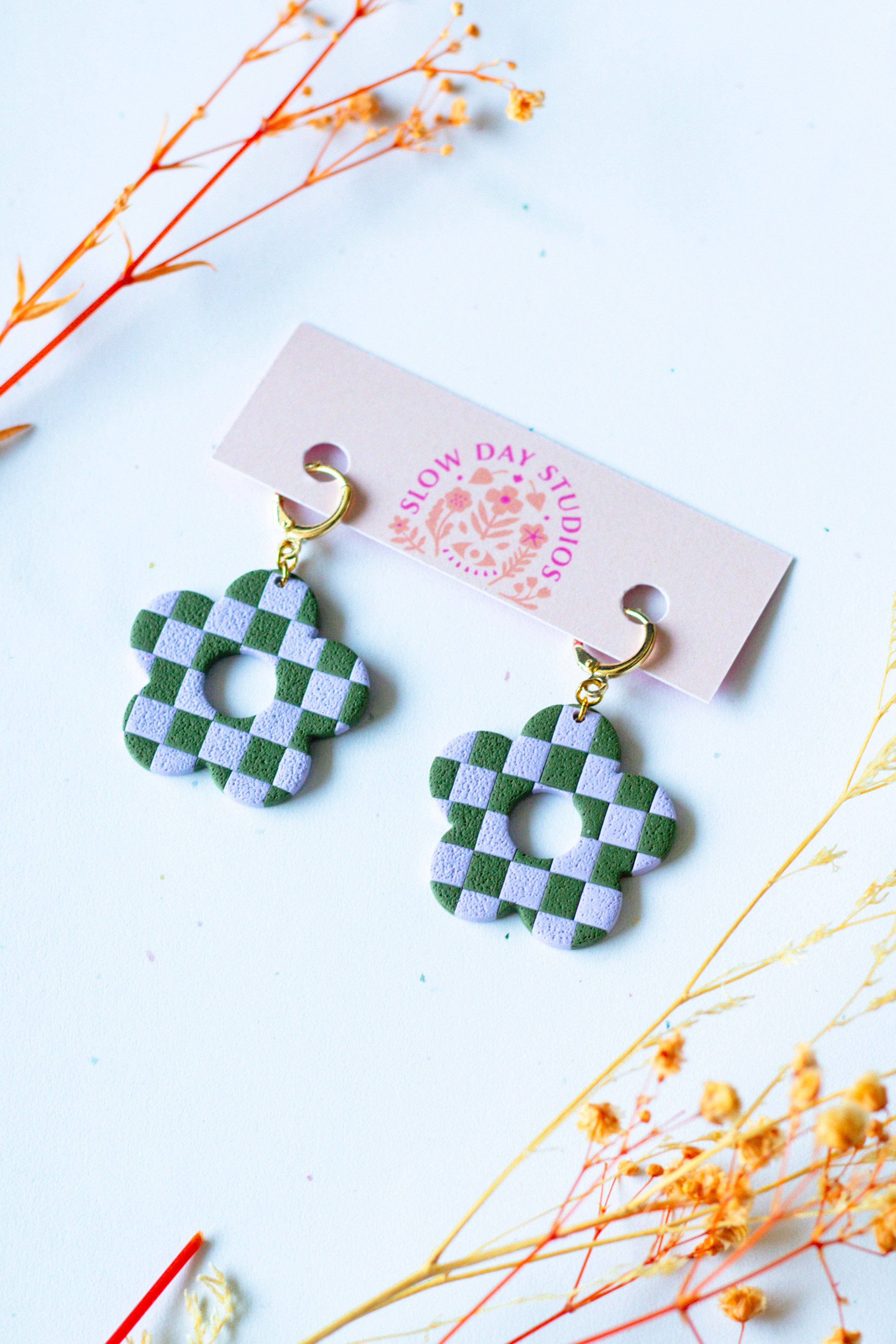 Slow Day Studios - Wholesale Dangle Earrings - Checkerboard Flower Huggies // Pastel Purple & Olive1