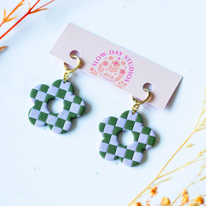 Slow Day Studios - Wholesale Dangle Earrings - Checkerboard Flower Huggies // Pastel Purple & Olive1