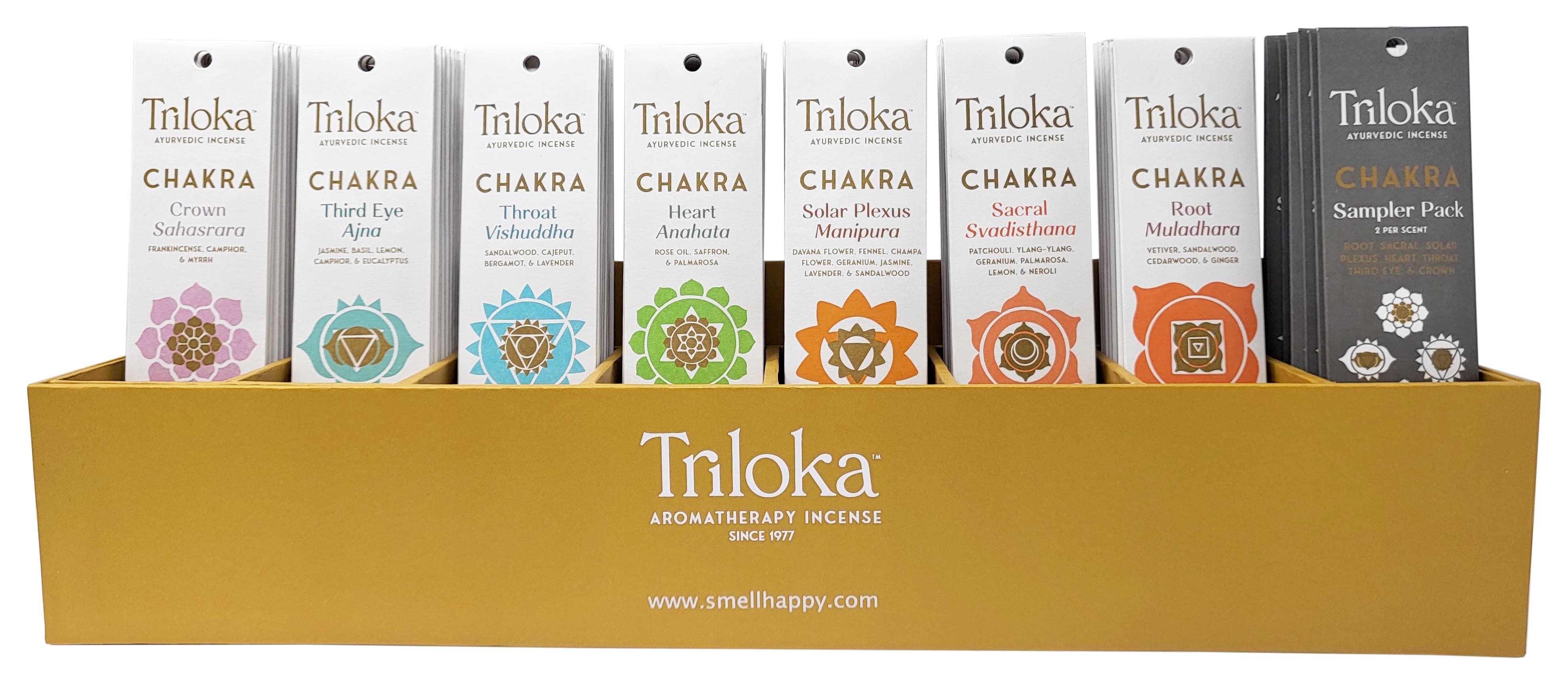 Triloka - Wholesale Incense - Triloka Chakra Incense - Prepack with 8-Slot Display0