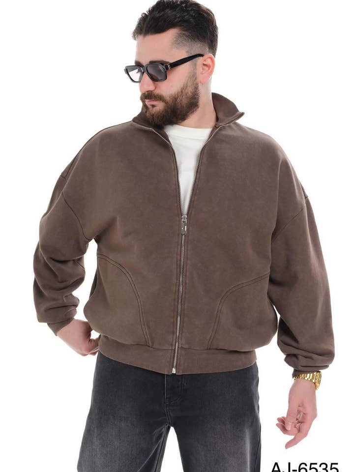 Sweat-shirt zippé oversize marron pour homme à col montant AJ-6535 pour la vente par Monocloth