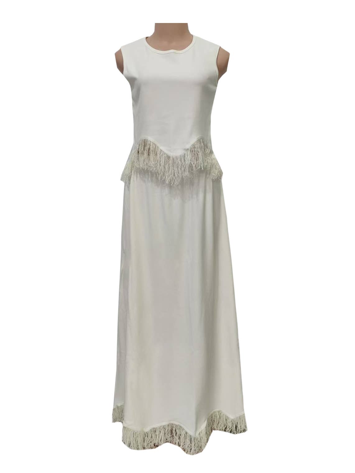 Beige Elegant Tassels Patchwork Knit Top Maxi Skirt Set for wholesale on Faire3