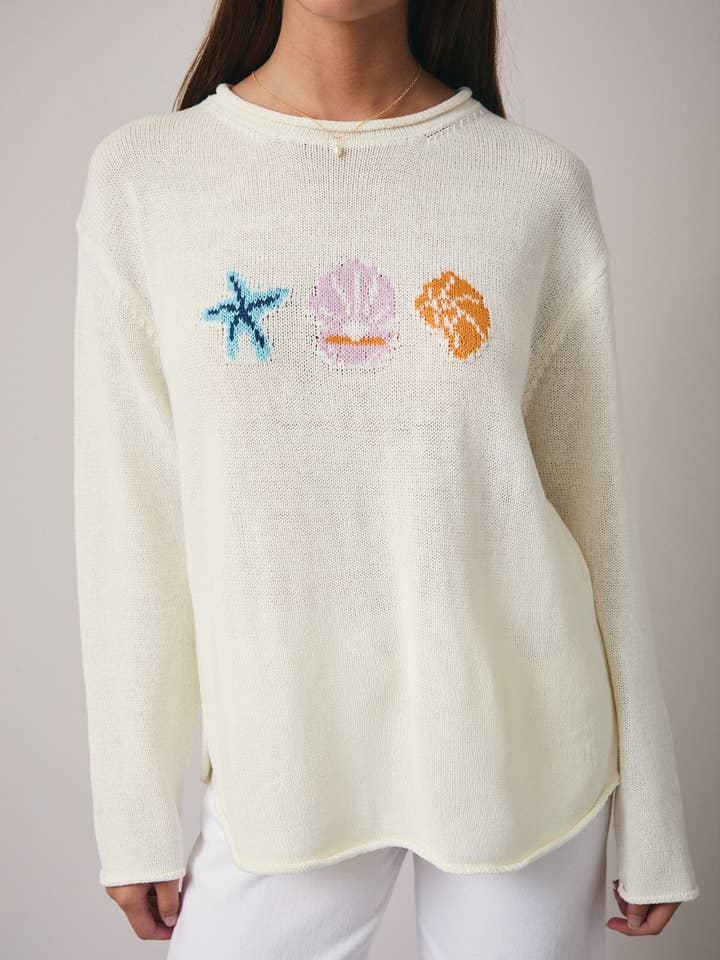 CREAM ROUND NECK LONG SLEEVE 'SEA' GRAPHIC SWEATER for wholesale on Faire4