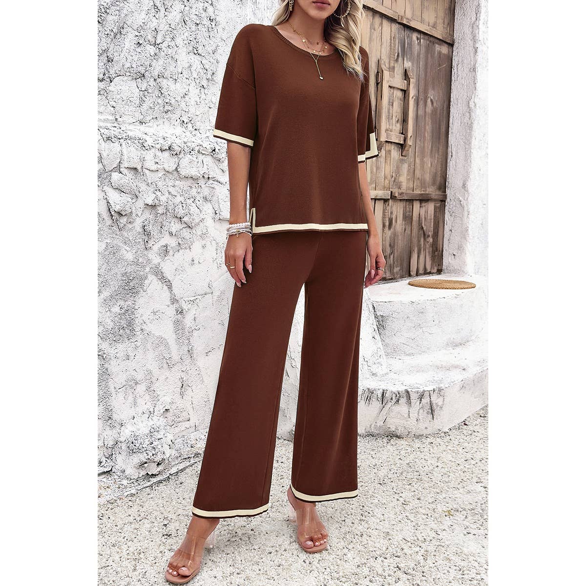 Supreme Fashion - Wholesale Top & Pant Set (NOT Loungewear) - Women's - Two Pieces Outfits Knit Short Sleeve Wide Leg Lounge Sets7