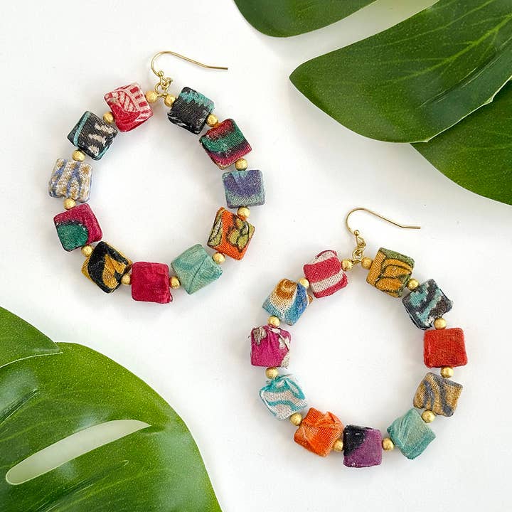 Kantha Dotted Square Hoops for wholesale by WorldFinds