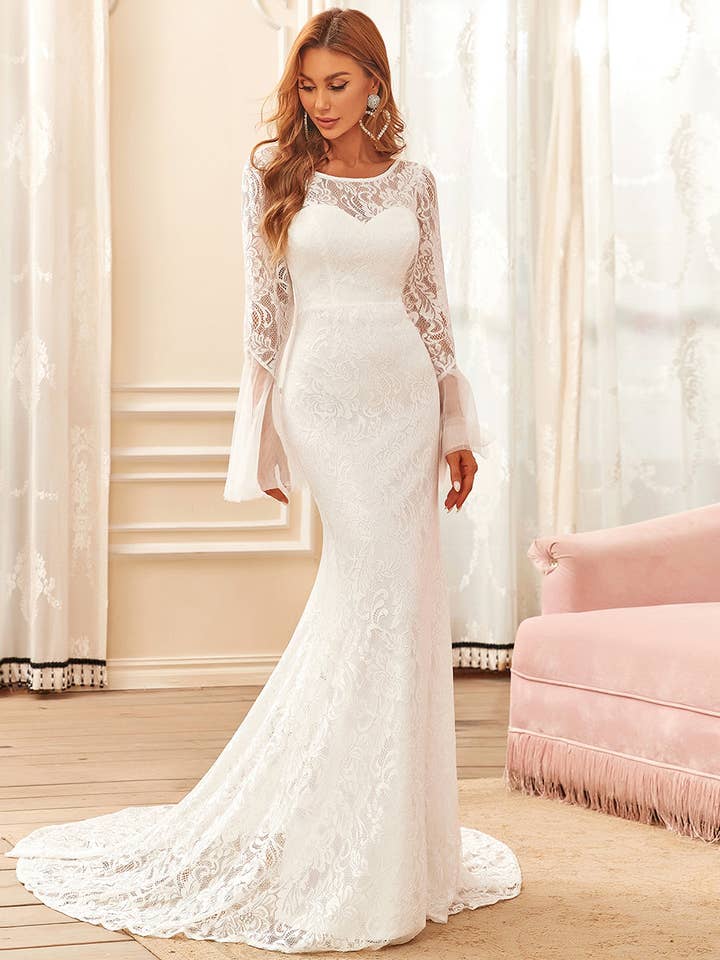 Cream Round Neck Long Pagoda Sleeves Wedding Dress for wholesale on Faire