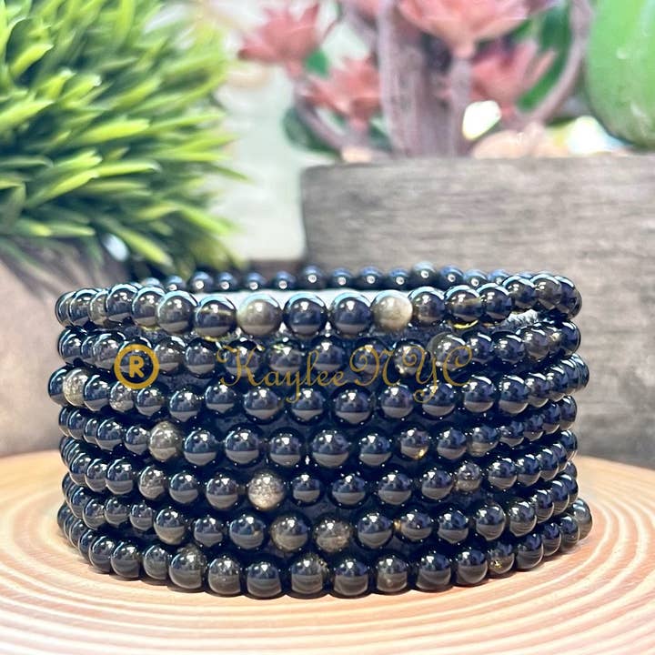 KayleeNYC - Wholesale Beaded Bracelet - Natural Gold Sheen Obsidian 4mm 7.5” Cry