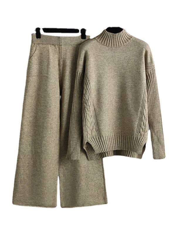 ShieldChic - Vente Ensemble haut et pantalon (PAS d'intérieur) - Femme - Ensemble deux pièces : haut pull col montant mi-haut couleur unie à fentes latérales et pantalon large taille haute urbain.7