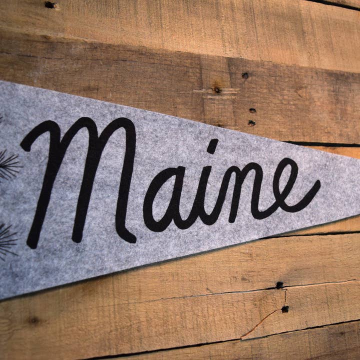 Quiet Tide Goods - Wholesale Banner - MAINE Pinecone & Chickadee Pennant on Gray Wool - Large Size