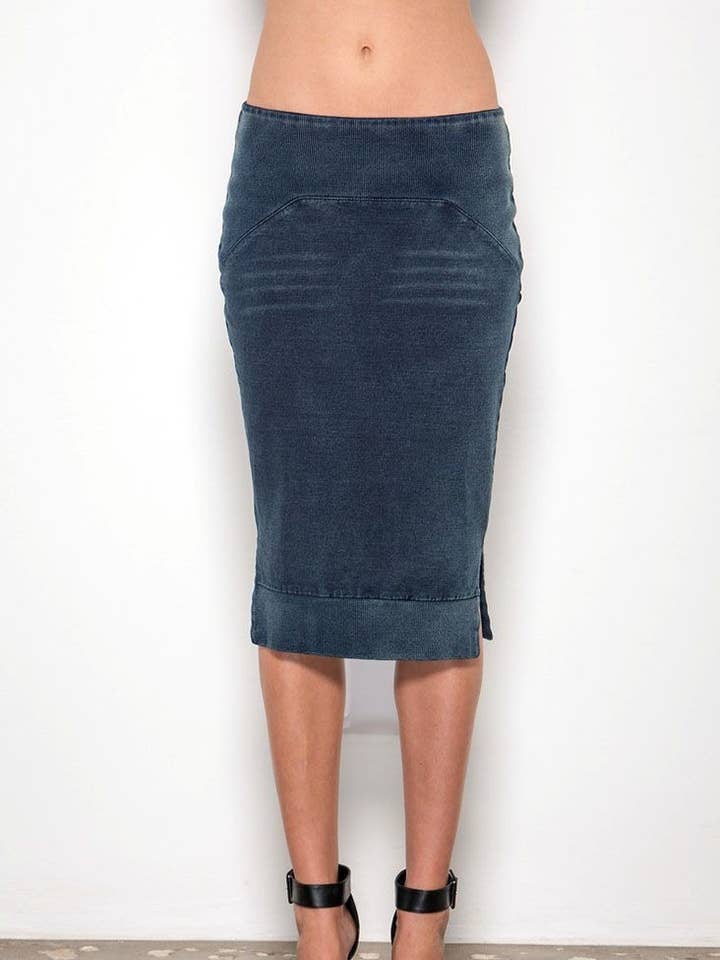 Modern Women's Side Slit Indigo French Terry Pencil Skirt for wholesale by Standards & Practices