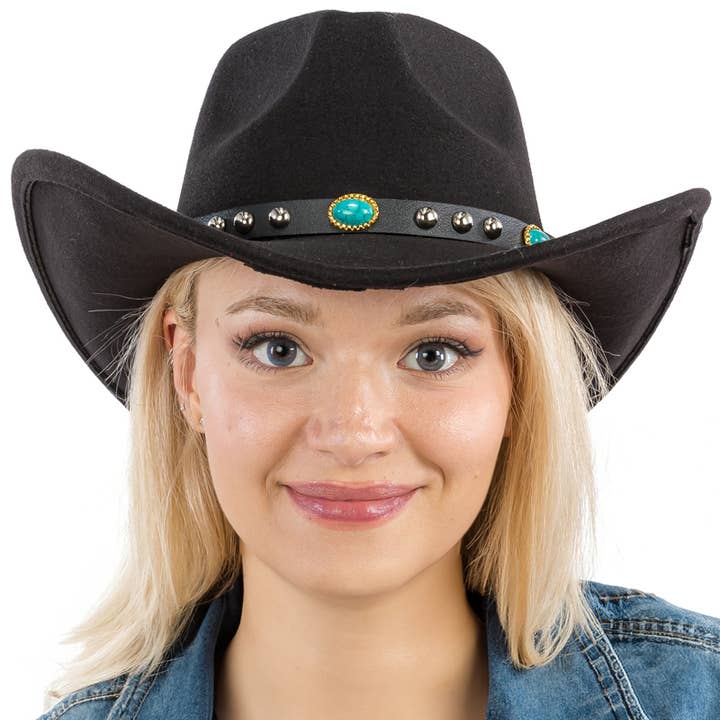 Cap Zone - Wholesale Cowboy Hat - Women's - Turquoise Studded Belt Felt Cowboy Hat