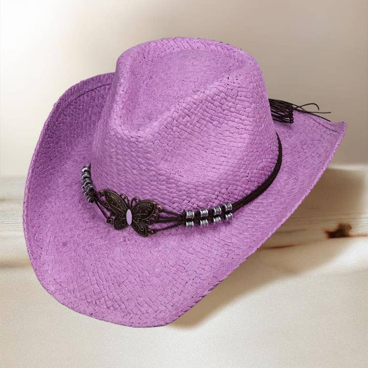 Sensibling Corp. - Wholesale Cowboy Hat - Women's - Western Butterfly Faux Leather Band Straw Cowboy Fedora Hat