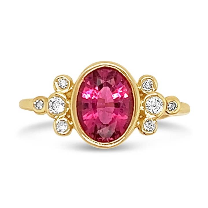 Vibrant Pink Tourmaline Ring With Diamond Trefoil Clusters in 14k gold for wholesale by Emily Amey Jewelry