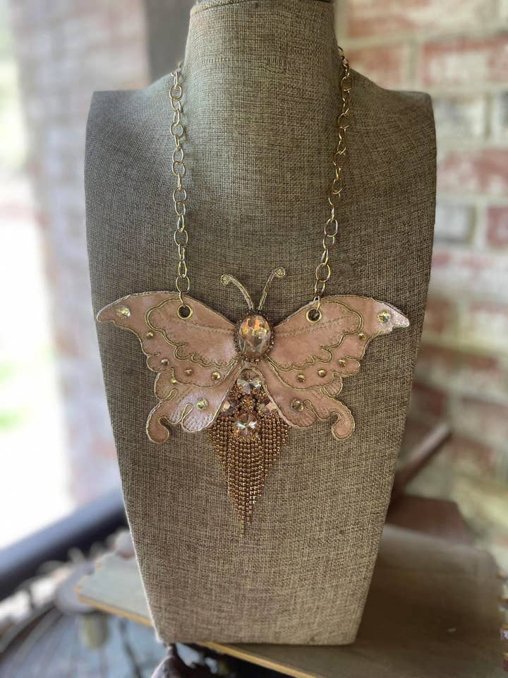 Velvet Butterfly & Rhinestone Fringe Necklace for wholesale by Gypsy South