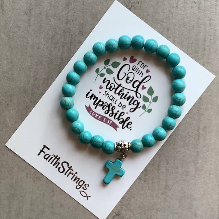 Faithstrings - Wholesale Beaded Bracelet - Cross Turquoise Bead Bracelet Christian Gift Faithstrings