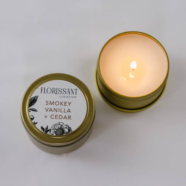 Smokey Vanilla + Cedar Candle Tin for wholesale by Florissant Collective