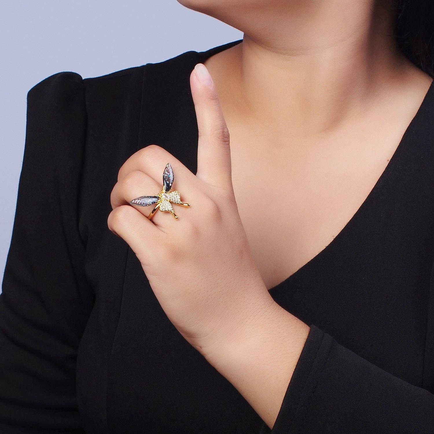 Aim Eternal - Wholesale Cocktail/Statement Ring - Fuchsia, Blue Micro Paved Butterfly Wings Teardrop Insect Gold Rings | Y400 Y4014