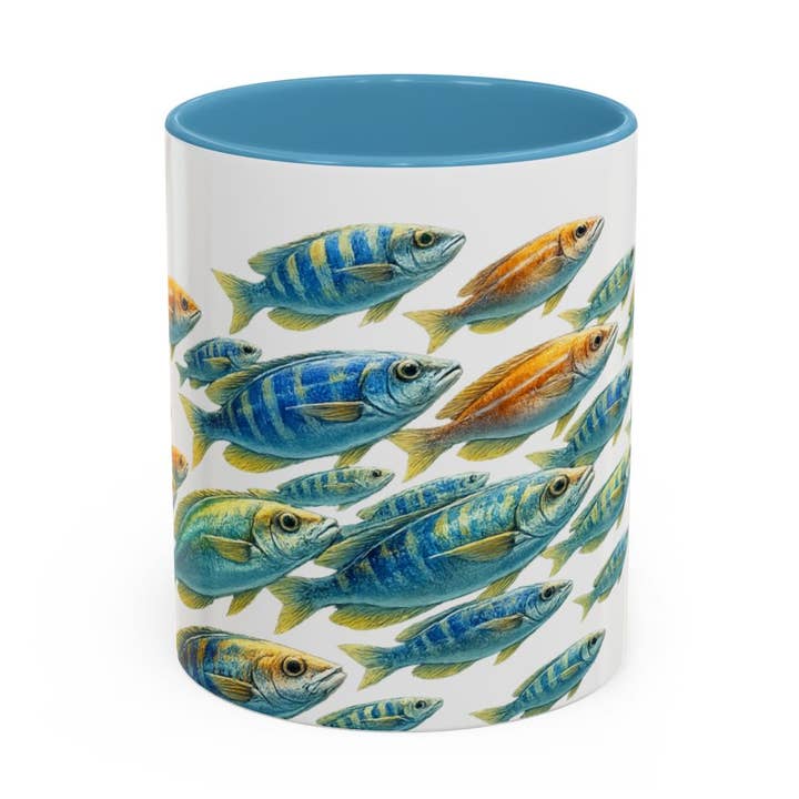 Colorful Fish Mug – Playful School of Fish Coffee Cup, Ocean for wholesale by Upside Down Owl Farm