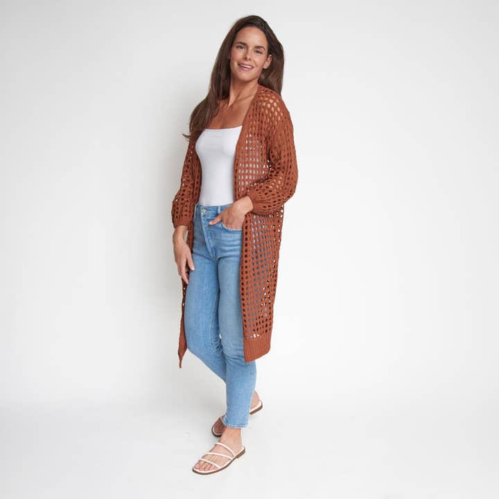 Howard's - Wholesale Cardigan - Women's - Enya Sepia Long Sleeve Open Crochet Boho Cardigan