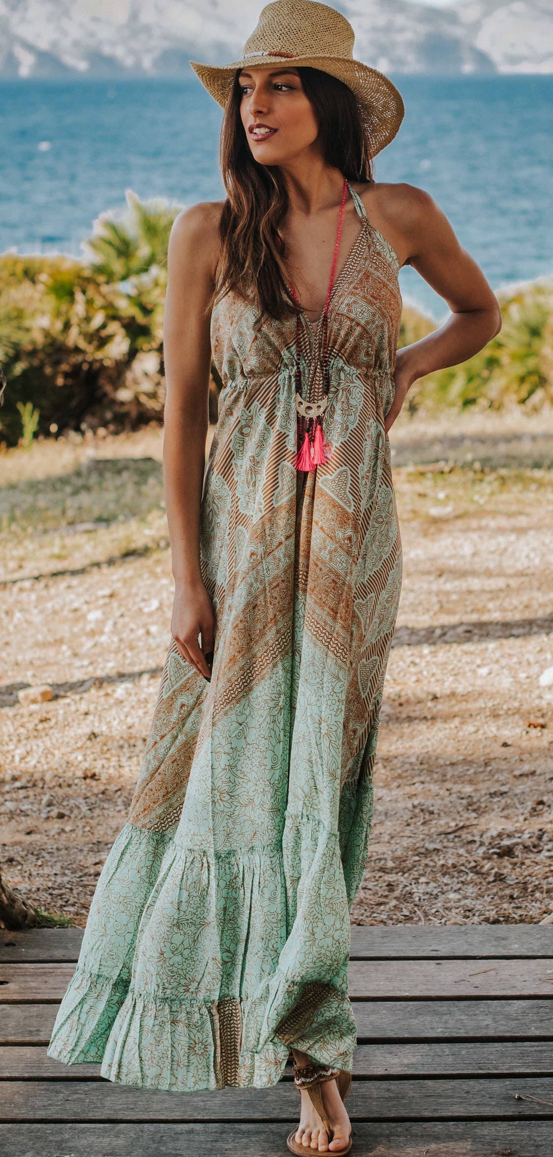 Miss Kitsch - Wholesale Dress - Women's - IBIZA DRESS Boho Long Silk Dress, Sea Green and Gold2