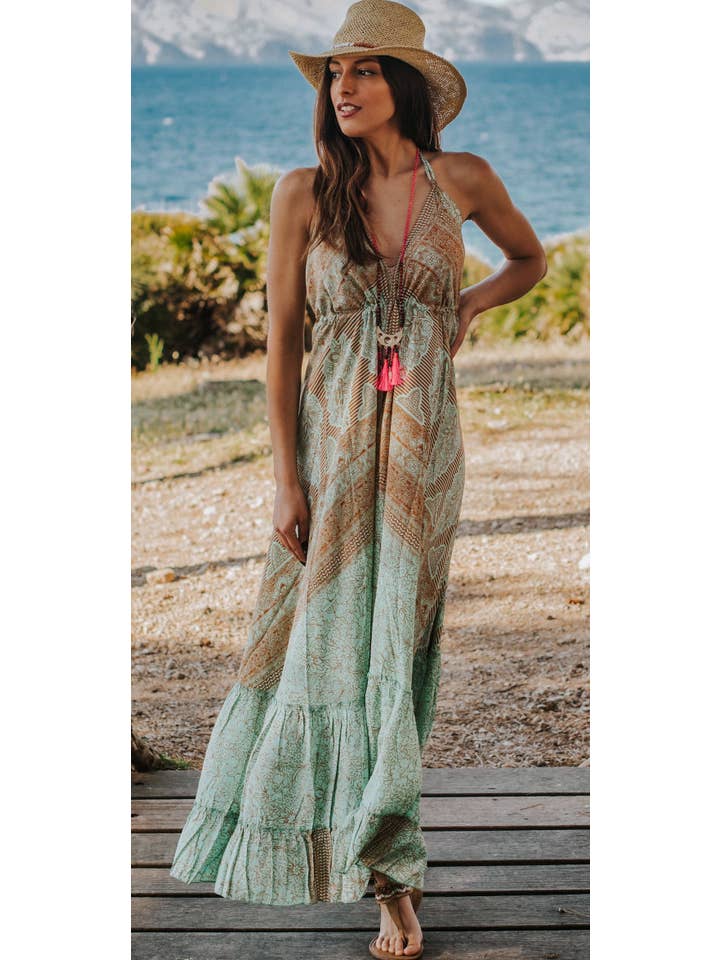 Miss Kitsch - Wholesale Dress - Women's - IBIZA DRESS Boho Long Silk Dress, Sea Green and Gold2