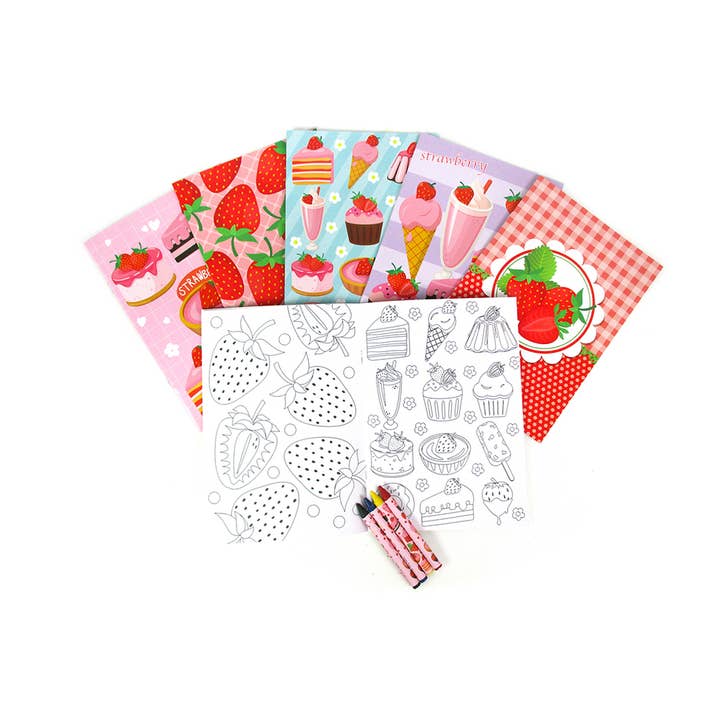 Strawberry Coloring Books with Crayons Party Favors 12 Pc for wholesale by Tiny Mills