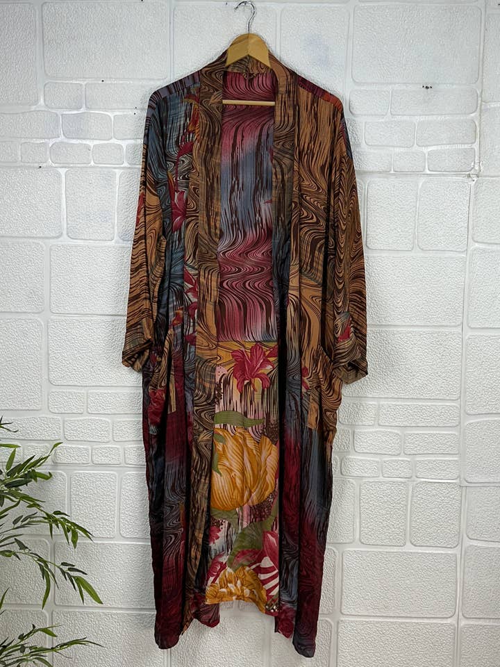The Eastern Loom - Wholesale Robe - Women's - Recycle Silk Sari Kimono Robe Flowy Loungewear Beach Coverup1