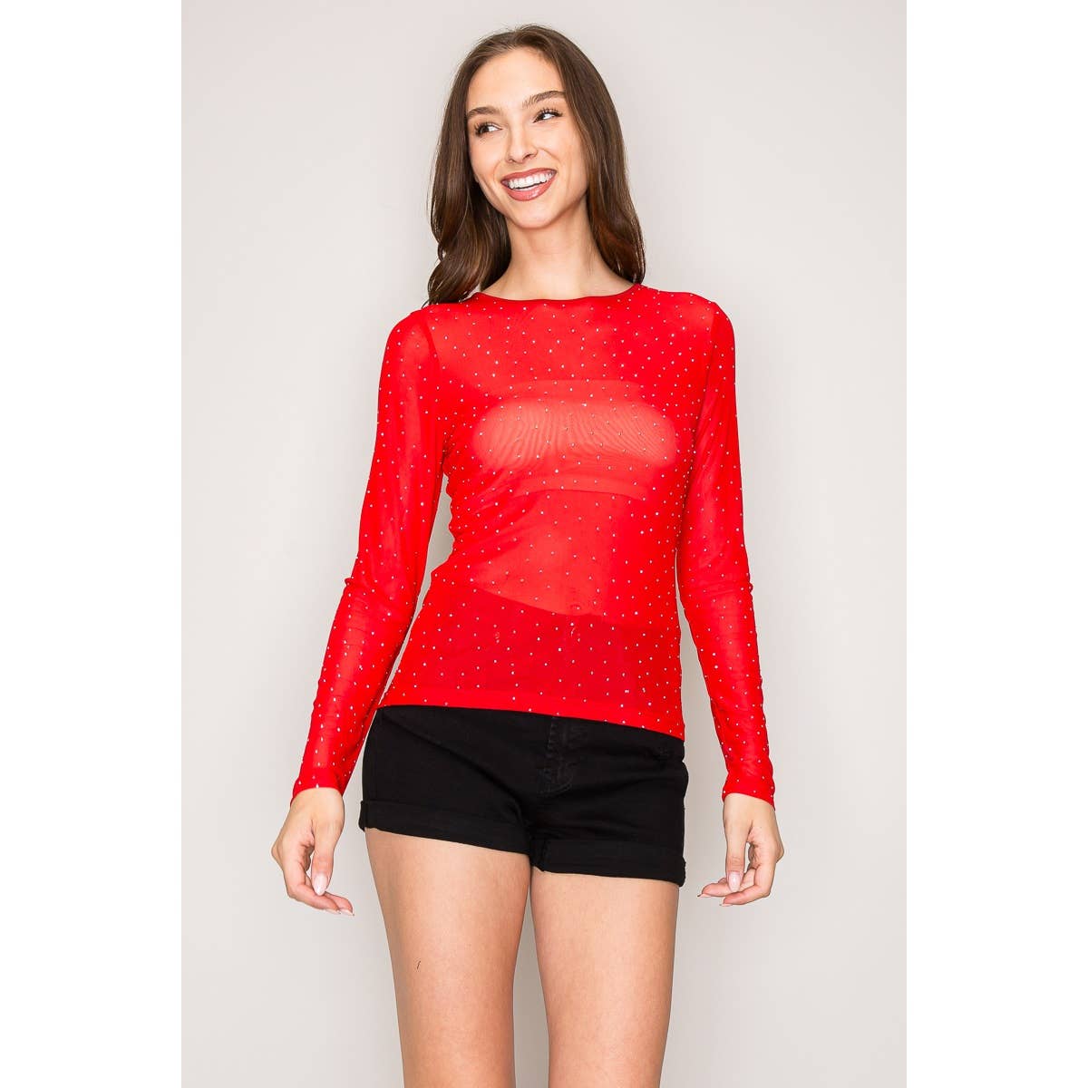 Popular 21 – wholesale Knit top – Women's – Rhinestone Embellished Mesh Long Sleeve Knit Top10