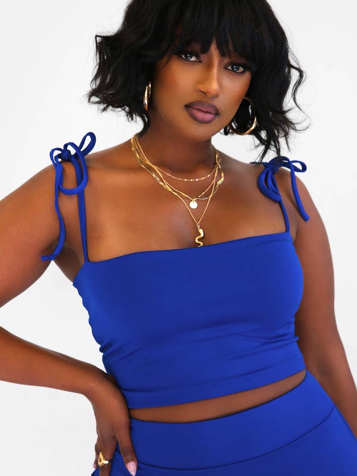 Hottie Tie Strap Crop Top & Thigh Slit Maxi Bodycon Skirt - Royal Blue for wholesale on Faire