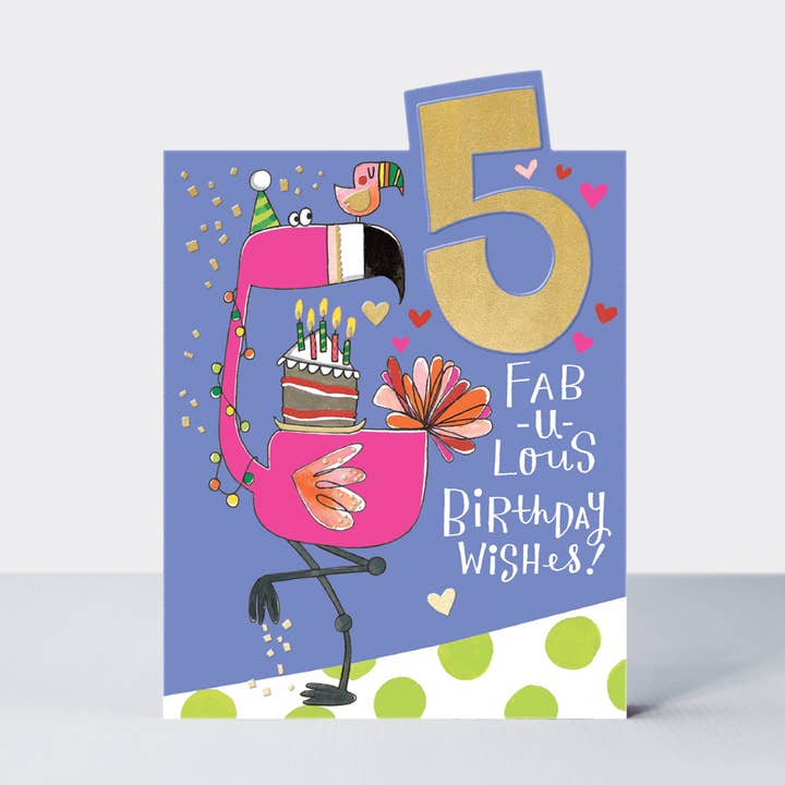 Tiptoes Geburtstagskarte für Mädchen zum 5. Geburtstag, Flamingo für den Großhandel von Rachel Ellen Designs