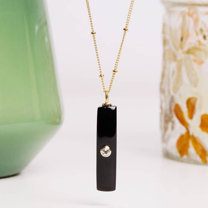 Black Onyx Bar Gemstone Pendant on Gold Chain Necklace for wholesale by Soul & Little Rose