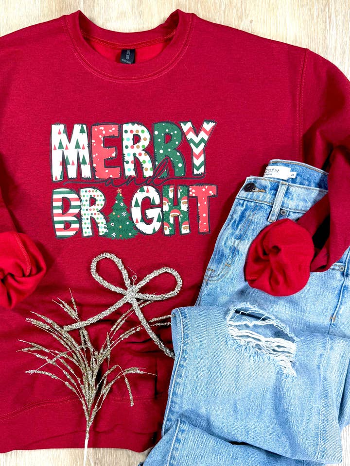 Antique Cherry Red Vintage Merry and Bright Graphic Tee or Sweatshirt for wholesale on Faire0