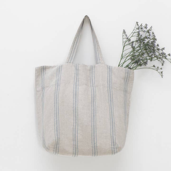 Borsa Grande in Lino Rustico a Righe Larghe Grigio Blu per la vendita all'ingrosso da parte di Linen Tales (We cover U.S. import duties)
