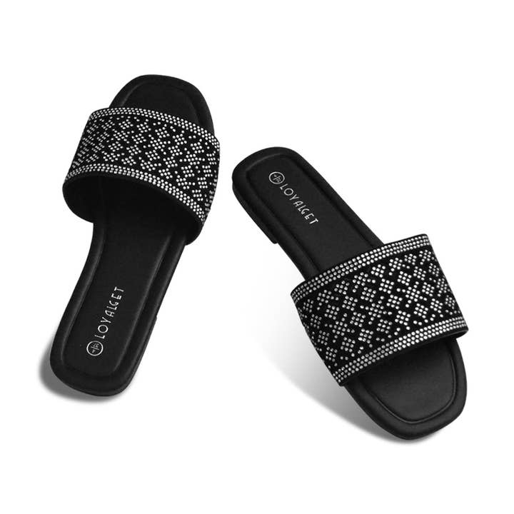 FunkyMonkey - Preto - Sandálias Planas com Strass para Mulher Chinelos Femininos por atacado de Funkymonkey