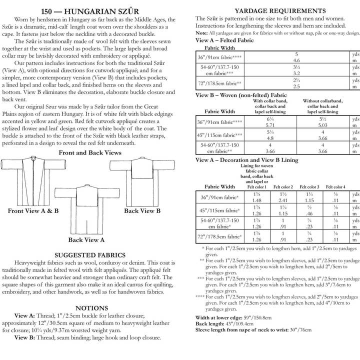 Folkwear - Wholesale Craft sewing kit - 150 Hungarian Szur - Sewing Pattern6