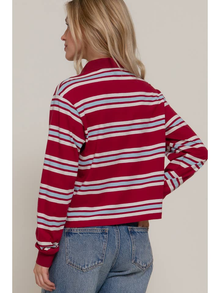 Active Basic | Active USA - Wholesale Polo - Women's - Long Sleeve Multi Stripe Polo Top1