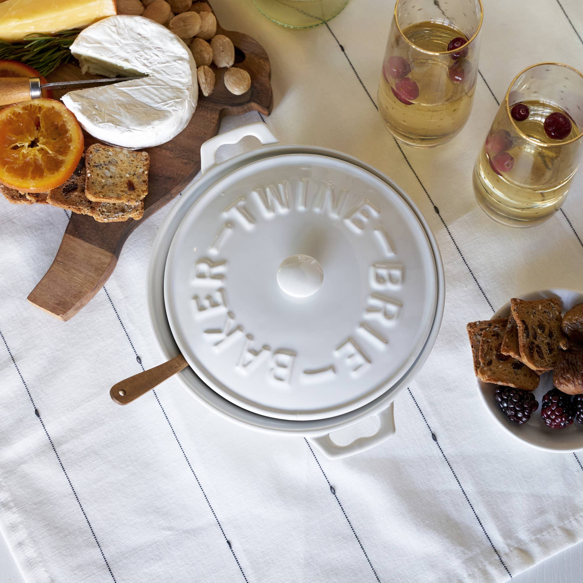 Twine - Wholesale Baking Dish - White Ceramic Brie Baker and Lid with Acacia Spreader3