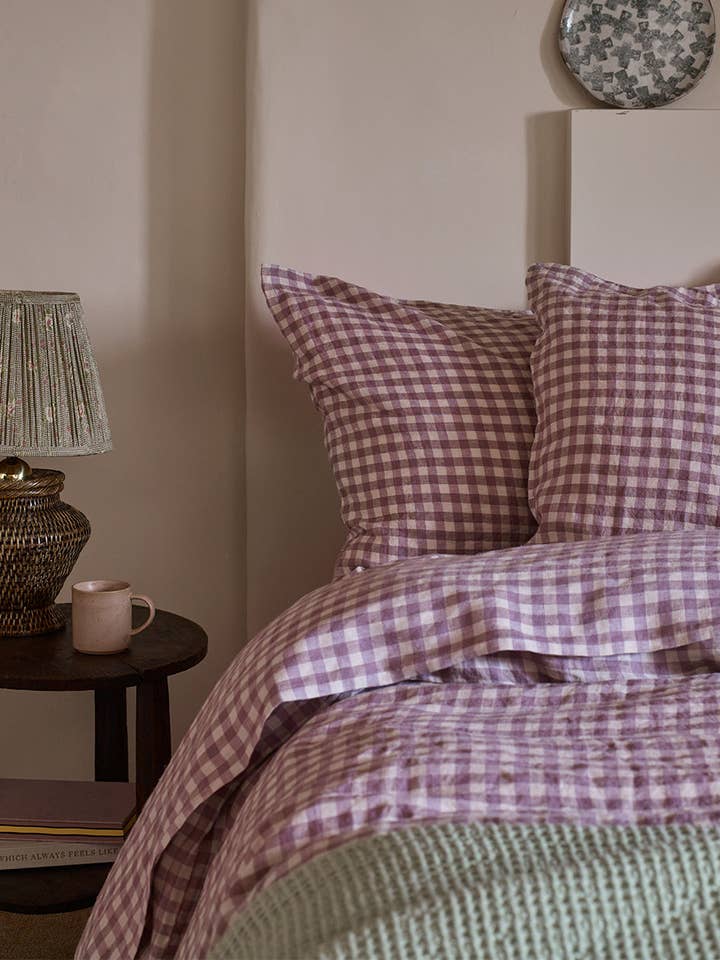 Elderberry Gingham Linen Blend Pillowcase (Pair) for wholesale by Piglet in Bed USA