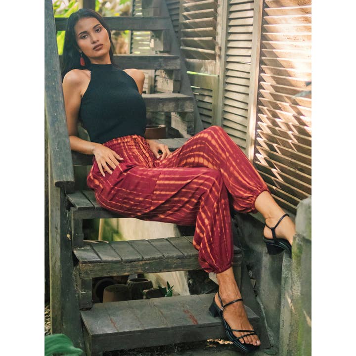 Bone Tie Dye Bali Pants - Maroon & Gold for wholesale by Suzie Blue Canada