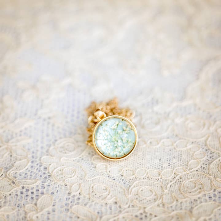 Queen Anne's Lace Pressed Flower Necklace for wholesale by Adorned by Aisha