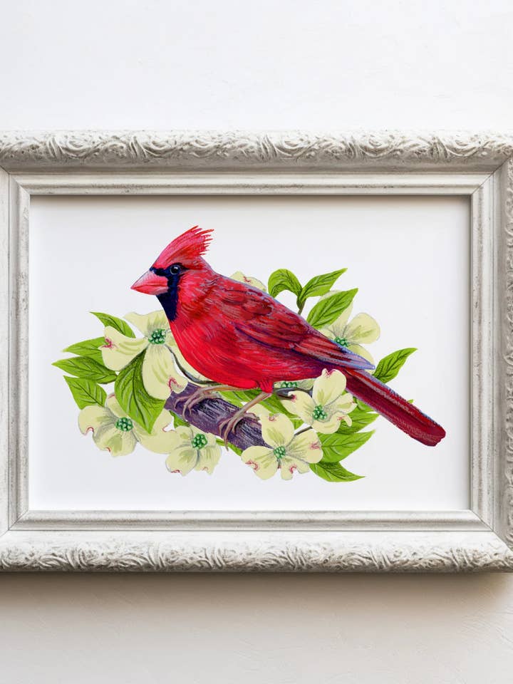 Red Cardinal in Dogwood Tree - unframed art print for wholesale by Foot Range Mountain