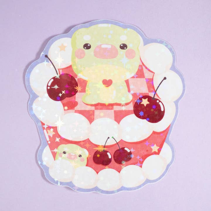 Adhesivo holográfico de vinilo Froggo on a Cherry Cake para venta al por mayor de Notmehmehstudio