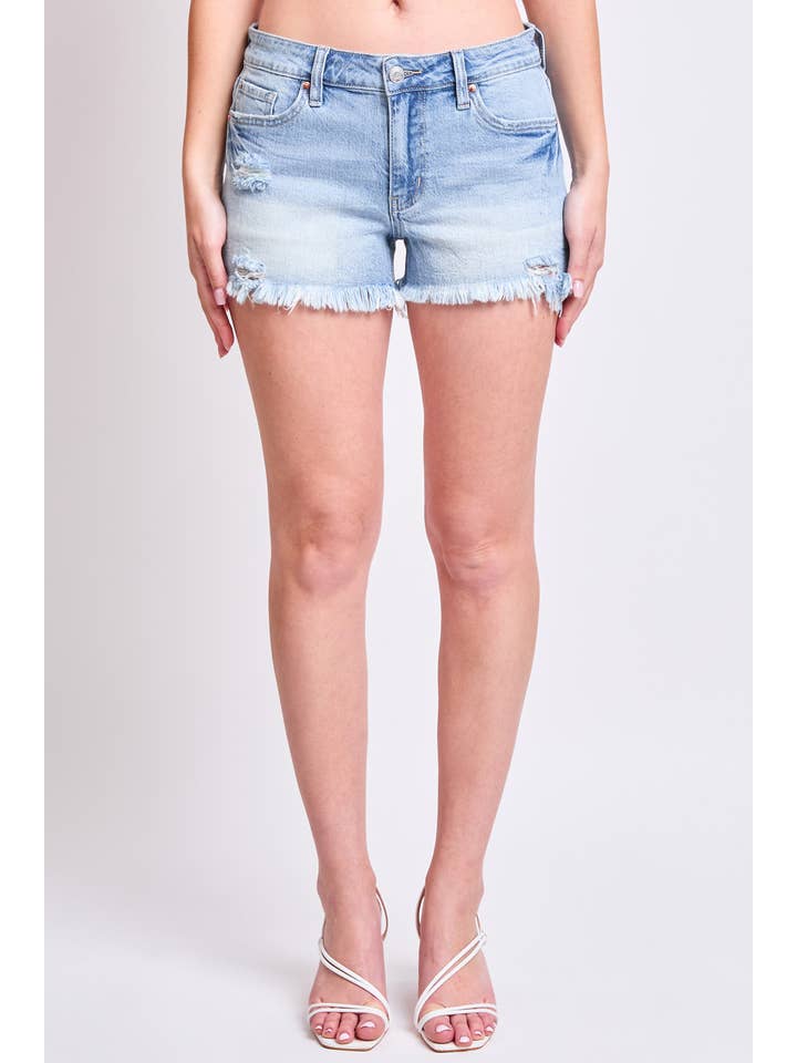 Light Medium Wash Mid Rise Frey Hem Short with Satin Bow for wholesale on Faire