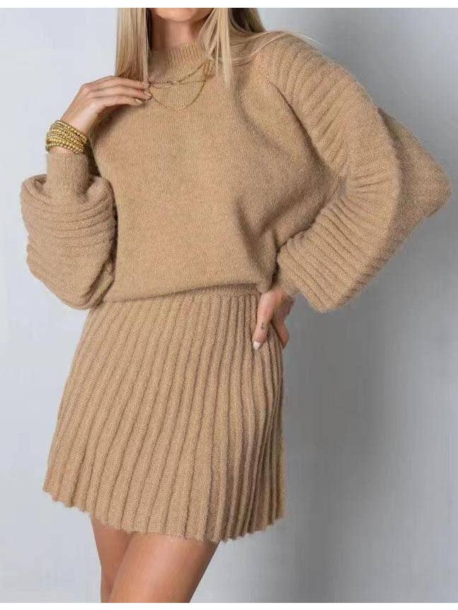 Sweetkama - Wholesale Top & Skirt Set - Women's - Ladies Solid Color Pullover Sweater Dress & Mini Skirt Set SKST41008