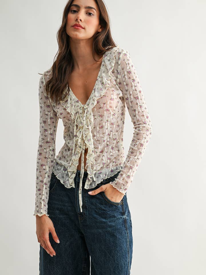 CMT26706 Sheer Floral Lace Long Sleeve Blouse for wholesale by Camellia