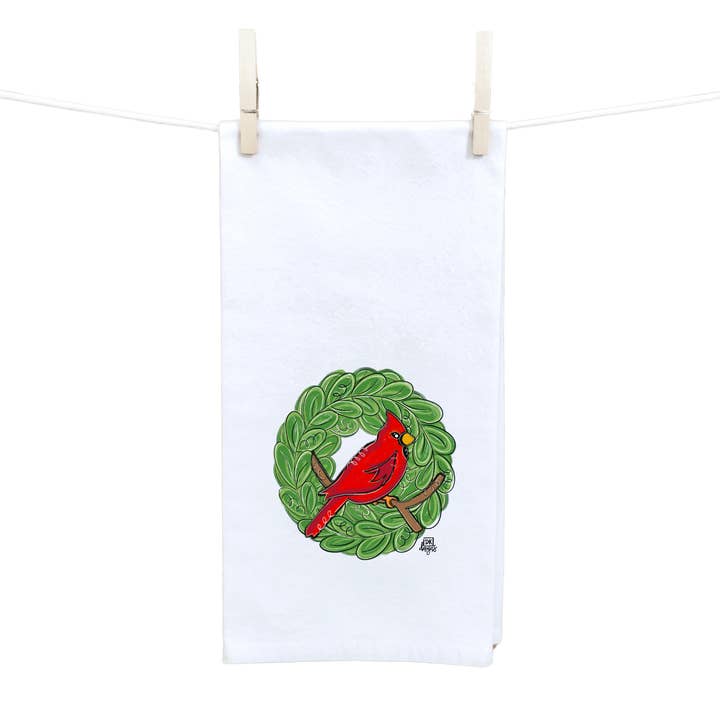 Cardinal Wreath Tea Towel for wholesale by DK Designs Georgia