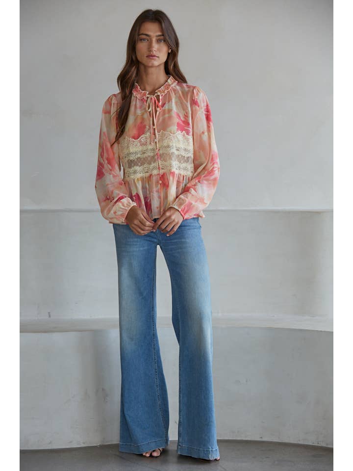 Coral Multi L9791 | Woven Polyester Floral Print Button Down Top for wholesale on Faire1