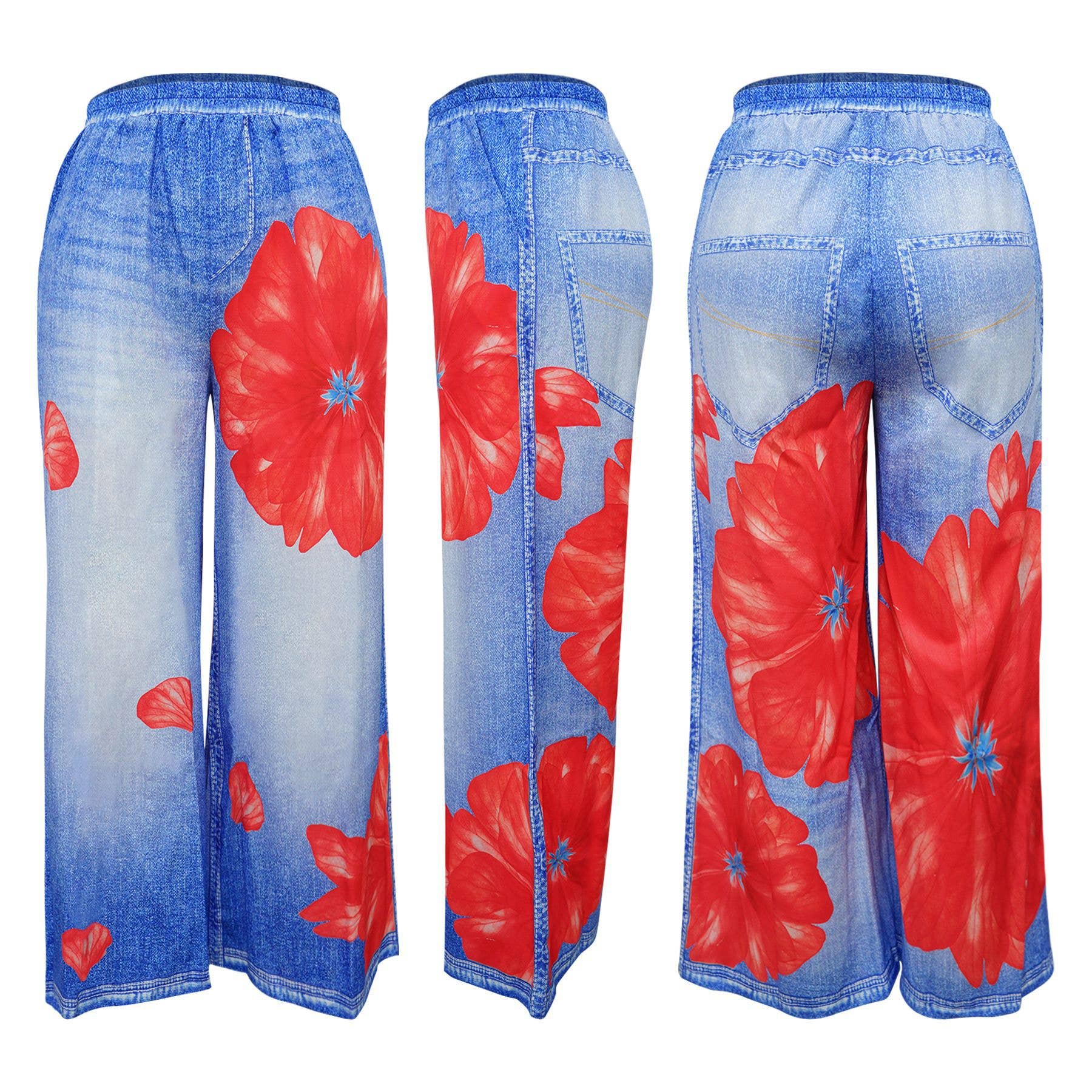 Rosa Clothing - Wholesale Pants - Women's - Women's Colorful Floral Print Loose Casual Wide-Leg Pants7