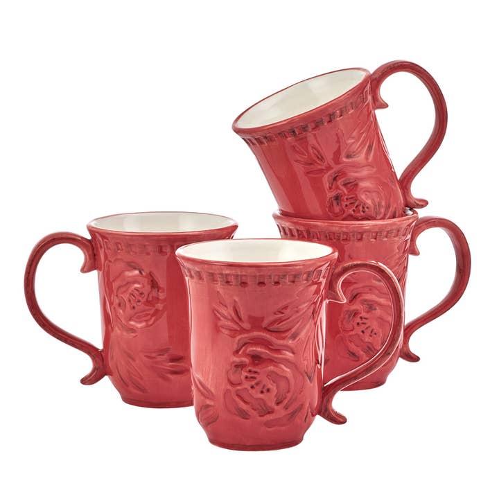 RED Fitz and Floyd Poinsettia Hldy Mug S4 Brown Box Pkg for wholesale on Faire