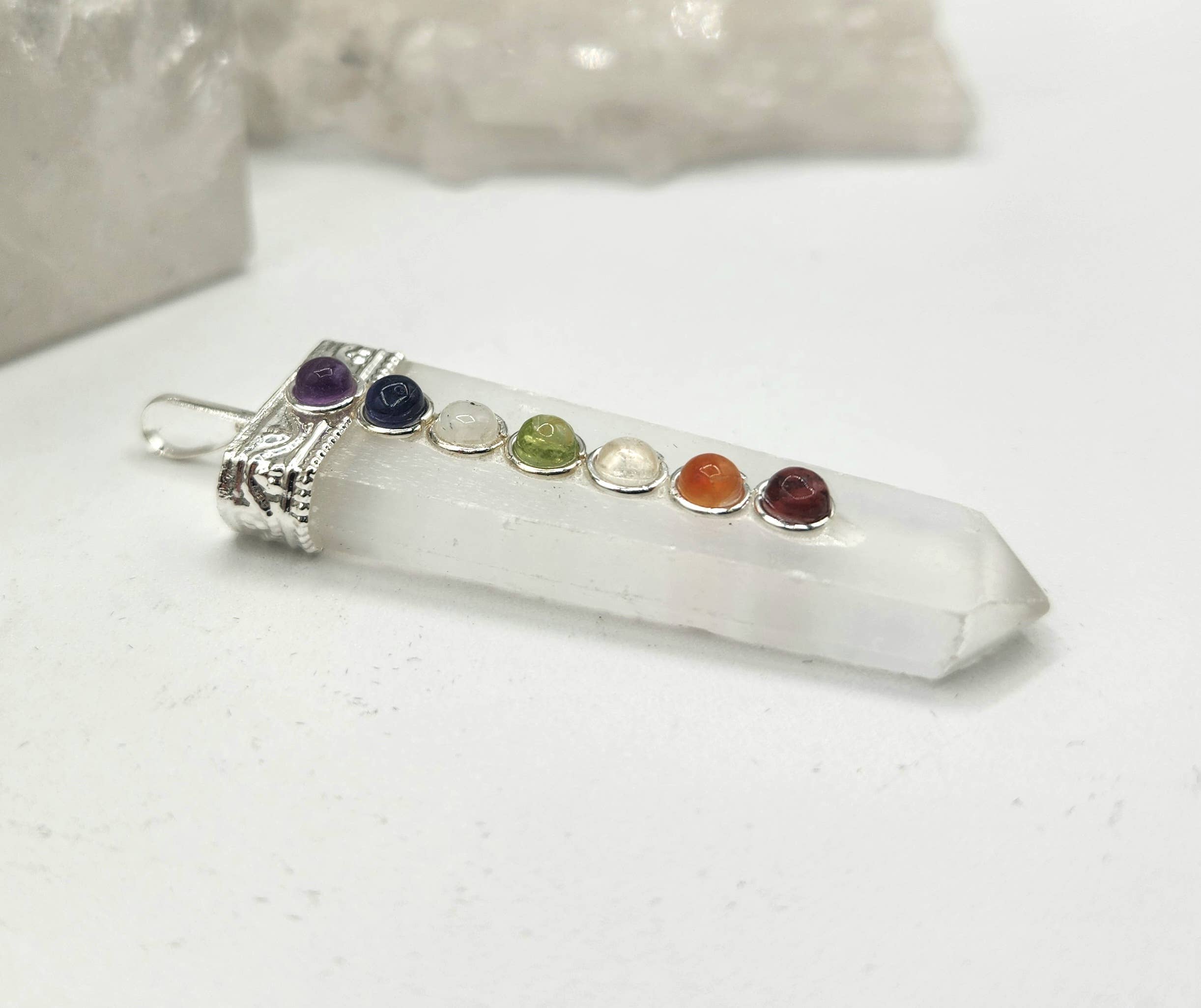 Meraki Gemstones - Wholesale Individual Charm/Pendant - Selenite Flat Gemstone Pendant w/Chakra Stones Silver Color3